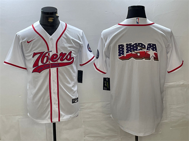 Men's Philadelphia 76ers Team Big Logo White Cool Base Stitched Baseball Jersey Men's Philadelphia 76ers Team Big Logo White Cool Base Stitched Baseball Jersey
